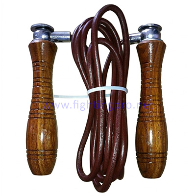 "Handcrafted skipping rope with polished dark wood handles and a thick genuine brown leather cord."